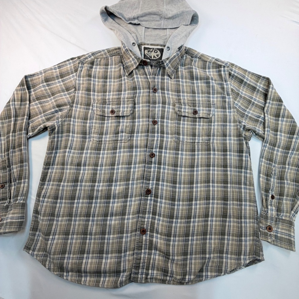 Red Kap Hooded Flannel Shirt XXL Gray Plaid Cotton Long Sleeve Button Up Men